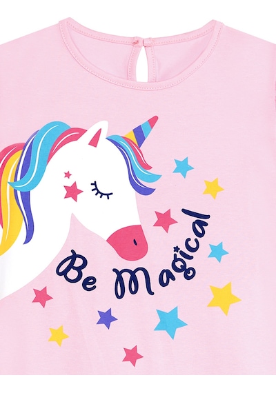 Kız  Çocuk  Kışlık  Unicorn  Desenli  Pembe  Uzun  Kollu  Fırfırlı  Elbise  2-8  Yaş
