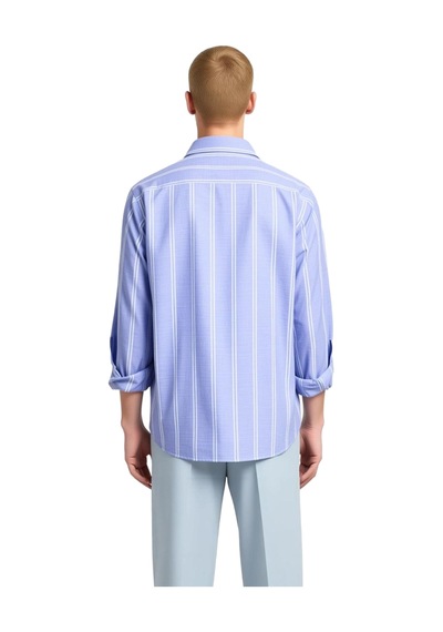 Ersefa Erkek Çizgili Düğmeli Yaka Slim Fit Gömlek Modern Görünüm Günlük Mavi