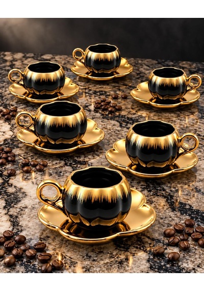 Valkyrie 6 Kişilik Siyah Gold Balkabağı Model Türk Kahvesi Fincan Takımı 12 Parça 80 Ml Çeyizlik Siyah