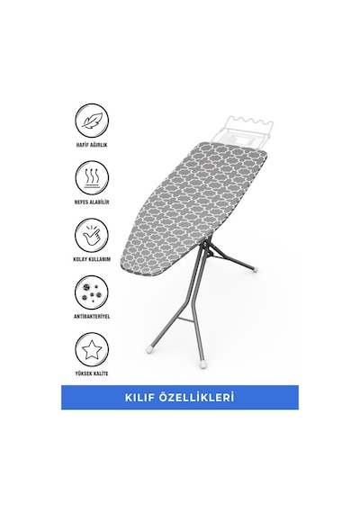 Ütü Masası Kılıfı Örtüsü Bezi, Gri Desenli Süngerli Ve Keçeli, Yanmaz, Ayarlanabilir 48x138 Cm