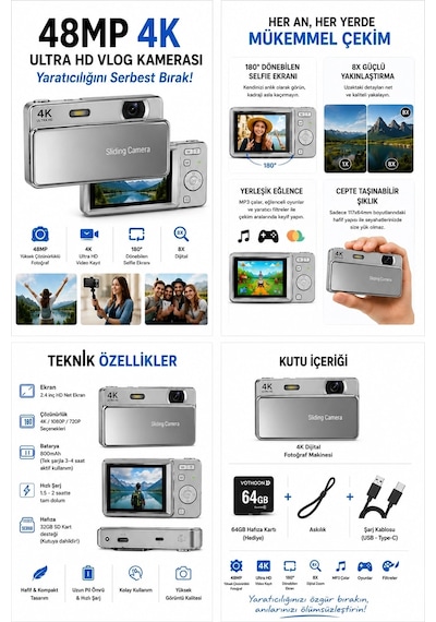 Dijital Kamera 4k Hd 48mp 8x Zoom Flaşlı Kayar Retro Video Kamera 2.4 Ekran 64gb Sd KartGümüş Najmaddin