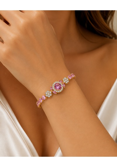 Pembe Zirkon Taşlı Gold Kadın Bileklik - Çiçek Ve Oval Taş Detaylı Tasarım Altın - Pembe