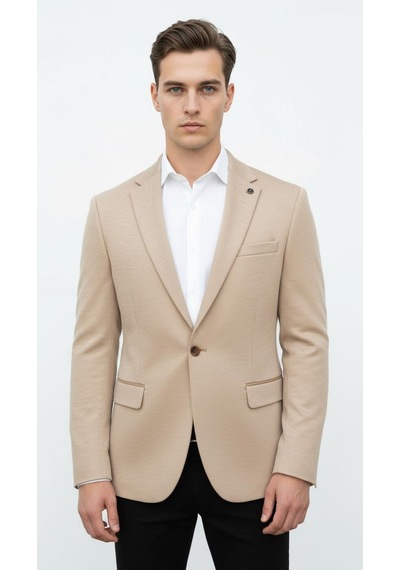 Plus Scorpion Bej Erkek İtalyan Kesim Blazer Ceket Kol Yamali, Slim Fit, Şık Ve Modern Tasarım Bej