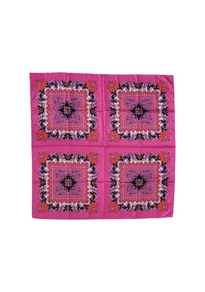 Tikitonki Etnik Desenli Kare Kesim Saten Pembe Eşarp - 90x90 Fuşya Fuşya