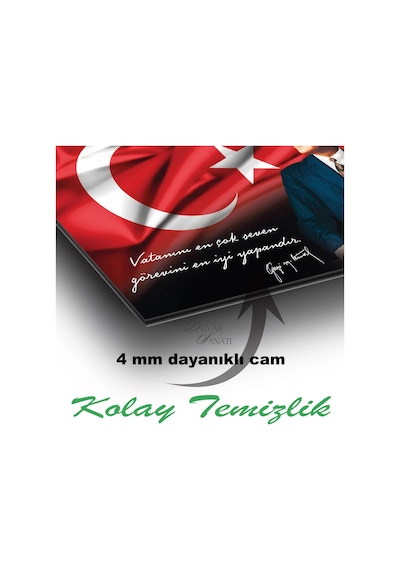 Atatürk Portre Ve Türk Bayrağı Vatanını En Çok Seven Görevini En İyi Yapandır Cam Tablo, Hediyelik