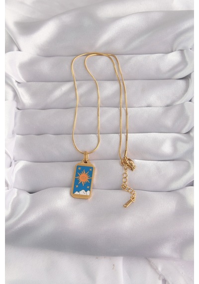 316l Çelik Gold Renk Mavi Mineli Güneş Model Tarot Kolye Karışık Renk