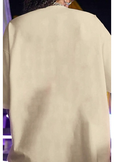 Unisex Şeytan Kalp Baskılı Oversize Tshirt Bej