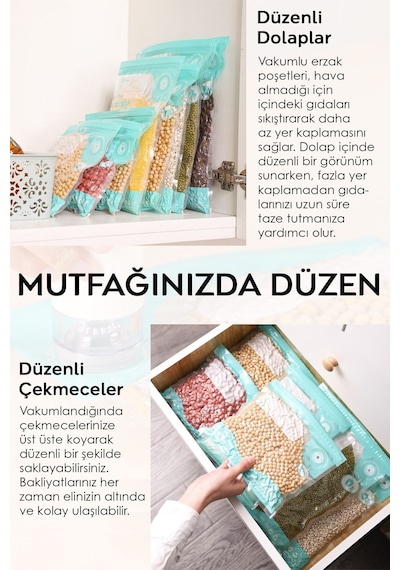 11 Parça Vakumlu Gıda Saklama Torbası Seti - Vakum Pompalı Kilitli Hava Almaz Vakumlu Poşet Şeffaf