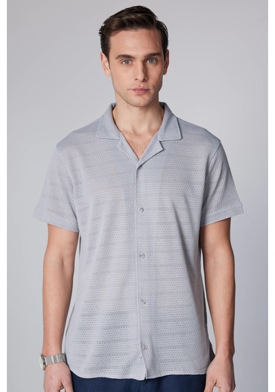 Tudors Slim Fit Kısa Kollu Dar Kesim Apaj Yaka Örme Kumaş Yazlık Gri Erkek Gömlek-31156-gri Gri