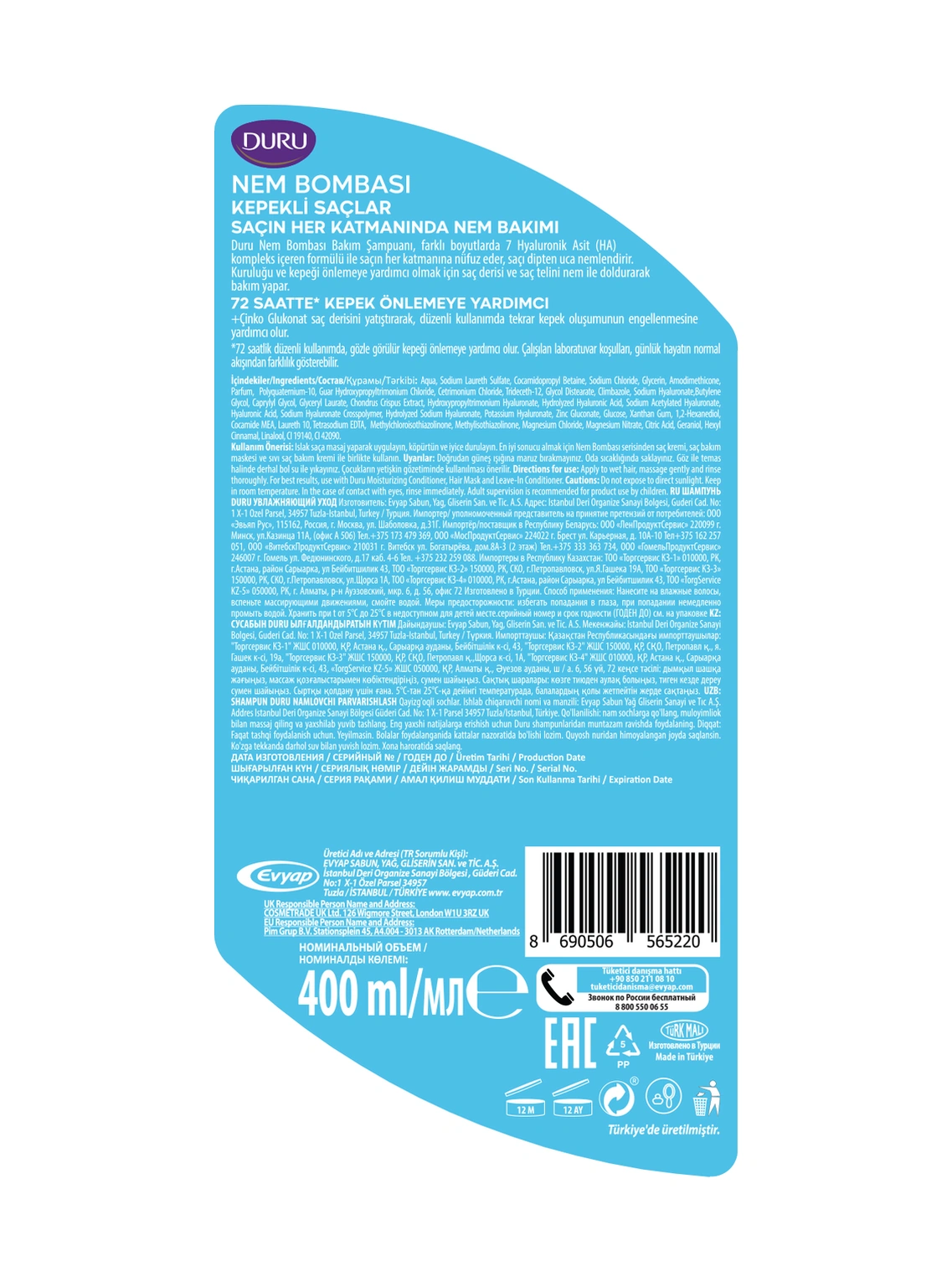 Duru Nem Bombası Kepekli Saçlar İçin Kepeğe Karşı Etkili Şampuan 3x400 Ml Kepekli