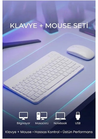 Kablosuz Bluetooth Klavye Ve Dongle Lı Mouse Seti Şarjlı Klavye Ve Fare Kombinasyonu Beyaz