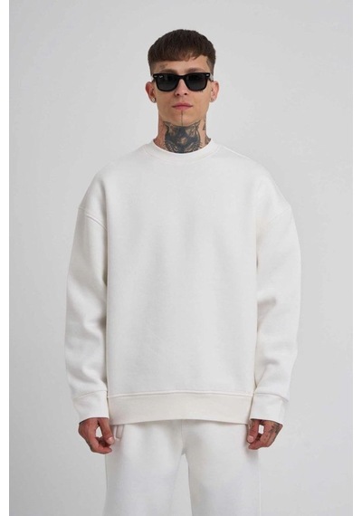 Mbb E-ticaret Erkek Bisikilet Yaka 3 Plik Pamuklu Sweatshirt - Beyaz