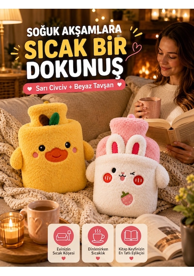 2'li Peluş Sıcak Su Torbası Seti Sarı Civciv Beyaz Tavşan Yumuşak Kılıflı Termofor Renkli