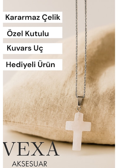 Kuvars Taşlı Haç Kolye - Kararmaz İthal Çelik Zincir - Özel Kutulu Hediyeli Gümüş