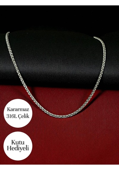 Yuvarlak Kral Model Çelik Kolye İthal Zincir 3mm Orta Kalınlıkta - Kutulu Gümüş