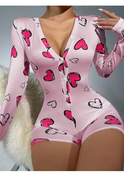 Red Womans Pamuklu Pembe Kalp Desenli Düğmeli Uzun Kol Tulum Pijama