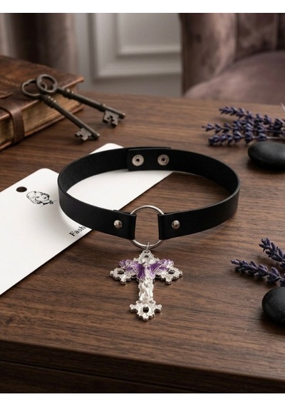 Kadın Gotik Haç Choker Kolye Siyah Deri Boyunluk, Taşlı Haç Kolye Ucu, Y2k Punk Gothic Kolye Mor