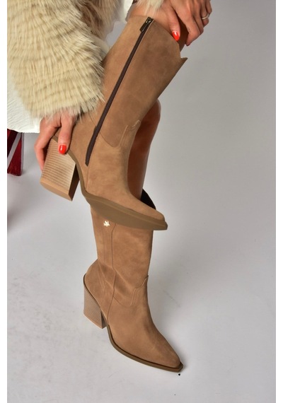 Fox Shoes Z654940161 Vizon Hakiki Deri Süet Kalın Topuklu Western Kadın Çizme