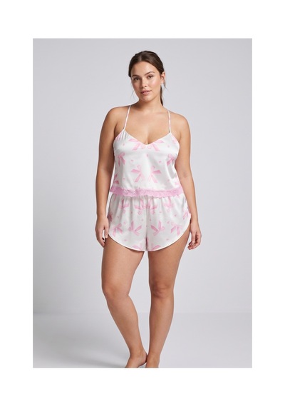 Laperissa Pembe Kurdele/fiyonk Desenli Dantelli İp Askılı Crop Saten Şortlu Dokuma Pijama Takımı Çok renkli