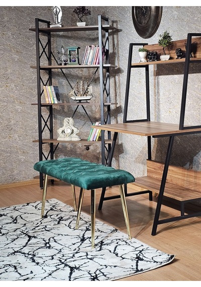 Zafir Gold Metal Yeşil Oturaklı Sivriltme Ayaklı Babyface Puf & Bench & Oturak Yeşil