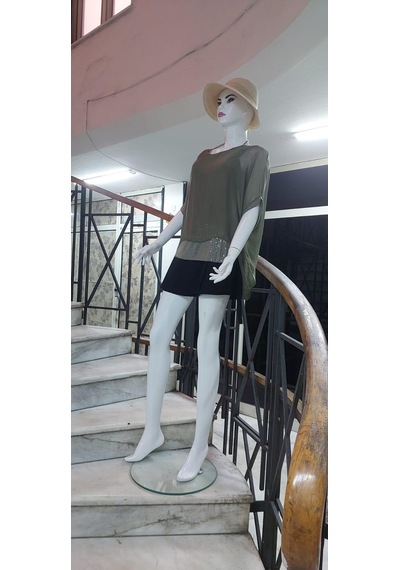 Bohem Stil İtalyan Yarasa Kollu Payetli İpek Bluz-9248 Haki