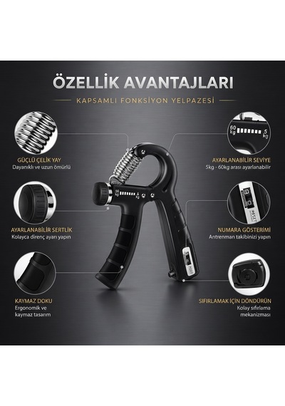 Ayarlanabilir Sayaçlı El Yayı Bilek Ön Kol Kavrama Güçlendirici Siyah