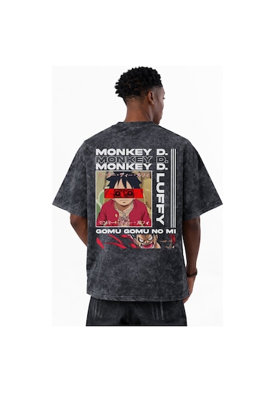 Monkey D. Luffy One Piece Anime Baskılı Unisex Oversize Vintage Y Siyah