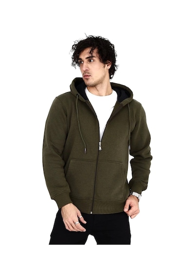 Barlashive Erkek 3 İplik Pamuklu Kapüşonlu Tam Fermuarlı Cepli Hoodie Sweatshirt - Haki Çok Renkli