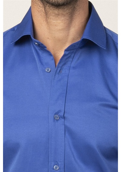 Tudors Modern Slim Fit Düz Saten Erkek Gömlek-23048 Saks