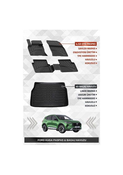 Sahler Ford Kuga 2020+ Uyumlu 4.5d Premium Havuzlu Oto Paspas Ve Liner Marka 3d Bagaj Havuzu