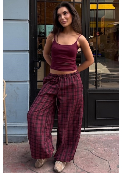Madmext Bordo Ekose Desenli Yüksek Bel Balon Fit Kadın Pantolon Mg2726