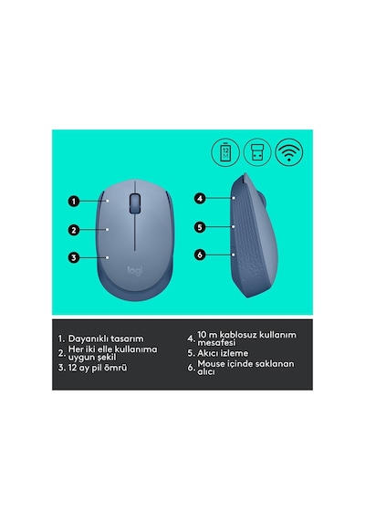Logıtech 910-006866, M171 Bluegrey, Usb Nano 2,4g Kablosuz, 1000dpi, Optik, 3 Tuşlu, 12ay Pil Ömrü, Mouse 001