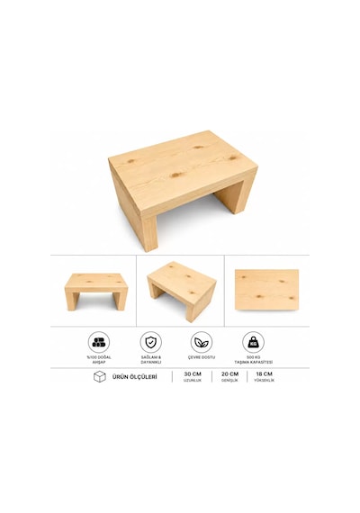 Masif Çam Ağacı Mini Tabure - Doğal Ahşap Çocuk Basamağı Banyo Mutfak Sehpası Ceviz