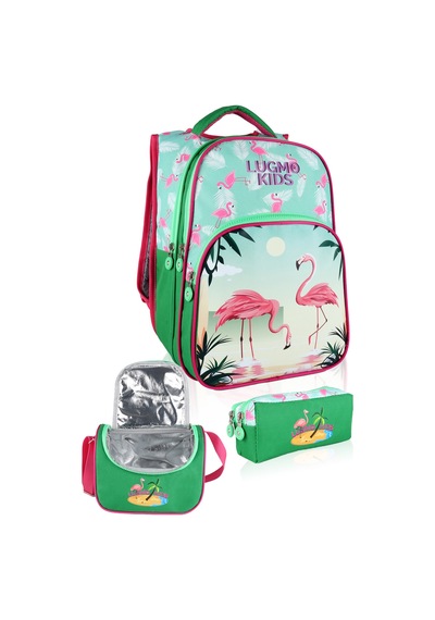 Lugmo Flamingo 3 Lü İlkokul Çanta Seti Kız Çocuk Çantası Astarlı Pedli Yeşil-pembe Yeşil