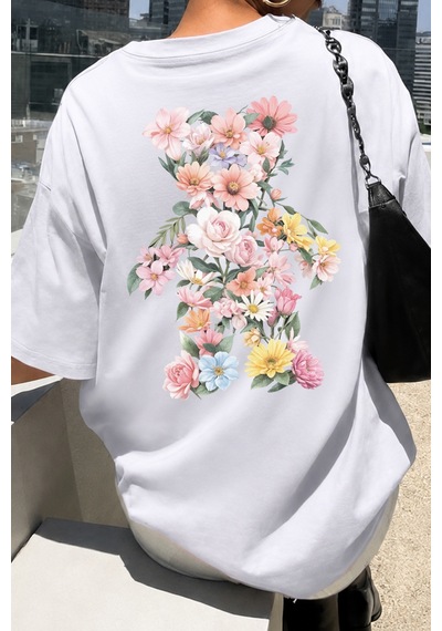 Spoyi Baharda Ayıcık Tasarımlı %100 Pamuk Yarım Oversize Beyaz T-shirt