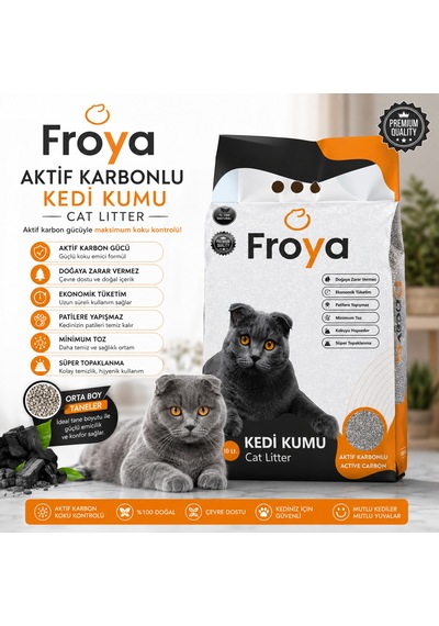 Froya Aktif Karbonlu Kedi Kumu 10 Lt Orta Taneli Topaklanan Kokusuz Doğal Kedi Kumu