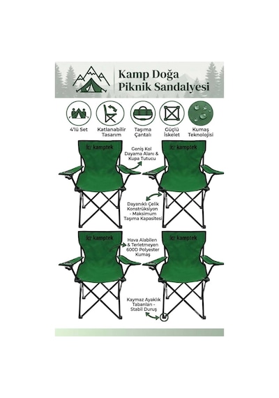 Kamptek Kamp Sandalyesi Seti - Katlanabilir Piknik, Bahçe Ve Plaj Sandalyesi - Taşıma Çantalı & Bardaklıklı Sağlam İskelet Yeşil Kamptek Kamp Sandalyesi Seti - Katlanabilir Piknik, Bahçe Ve Plaj Sandalyesi - Taşıma Çantalı & Bardaklıklı Sağlam İskelet Yeşil