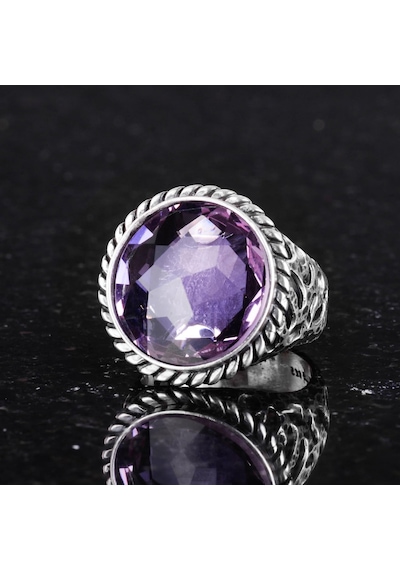 925 Ayar Gümüş Erkek Yüzük - El Yapımı Amethyst Yapay Taş Yüzük - Modern Tasarım Gümüş