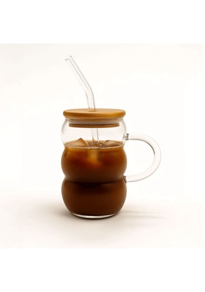 Bubble Kulplu Borosilikat Cam Bardak Isıya Dayanıklı 600 Ml - Bambu Kapaklı Şeffaf