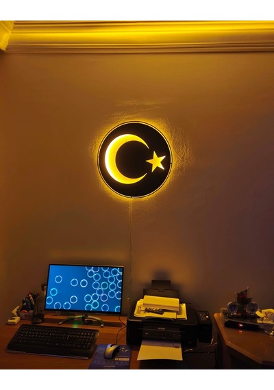Motto Dekor Lazer Kesim Amber Led Işıklı Metal Türk Bayrağı Görselli Duvar Dekoru Duvar Aydınlatması Siyah