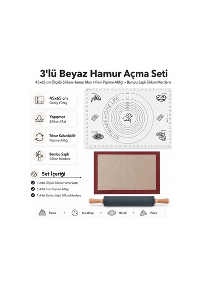 3 Lü Beyaz Hamur Açma Seti 45x65 Cm Ölçülü Silikon Hamur Matı, Fırın Pişirme Altlığı Ve Bambu Saplı Silikon Merdane Diğer 3 Lü Beyaz Hamur Açma Seti 45x65 Cm Ölçülü Silikon Hamur Matı, Fırın Pişirme Altlığı Ve Bambu Saplı Silikon Merdane Diğer