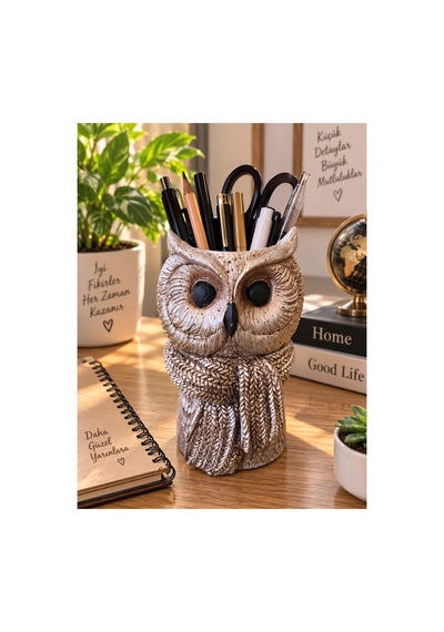Dekoratif Baykuş Kalemlik Ve Saksı Şık Masaüstü Organizer 20x10 Cm Gümüş