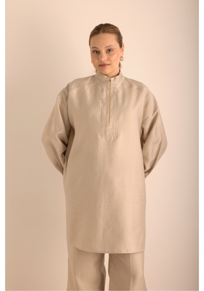 Aker Taş Yakası Fermuarlı Keten Tunik Taş Taş
