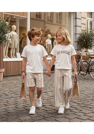 Sy Store Erkek Çocuk Çizgili Keten Şort Ve Basic Tişört Takımı Beyaz-bej