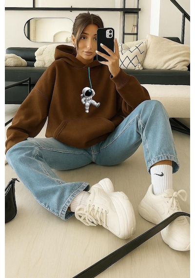 Benroma 3 İplik Penye Astronot Unisex Kapüşonlu Sweat Kahverengi