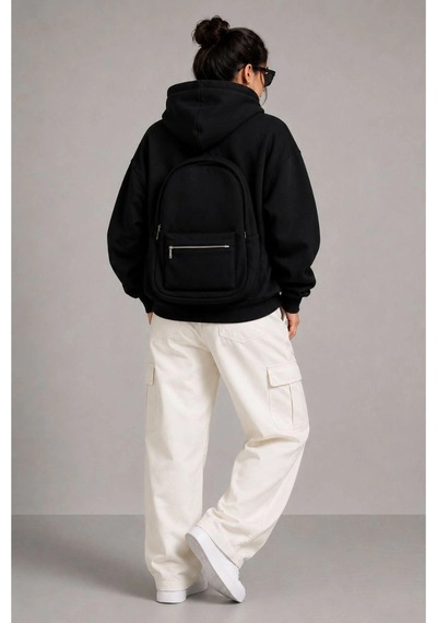Kadın 3 İplik Şardonlu Tam Fermuarlı Kapüşonlu Arka Çanta Detaylı Sweatshirt - Siyah