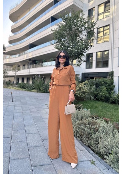 Kadın Taba Uzun Kol, Gömlek Yaka, Beli Lastikli, 4 Cepli, Bilekleri Lastikli, Salaş Tulum Kahve