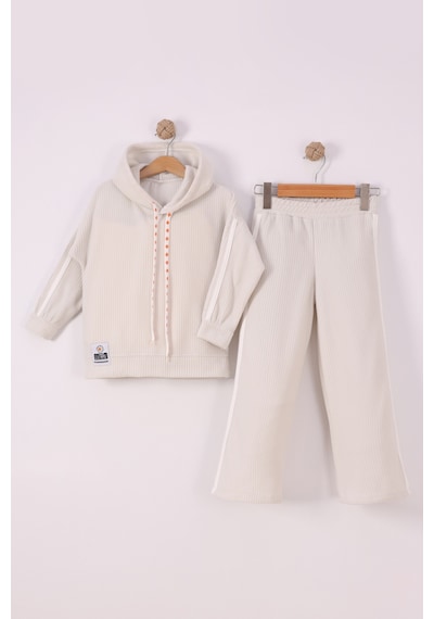 Monox Kız Çocuk Çiçek Baskılı İpli Şeritli Pantolon Fitilli Polar Takım Taş