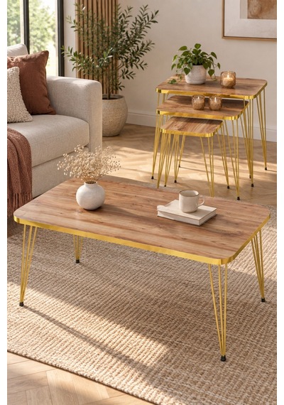 Sulorahome Ceviz Desenli Gold Metal Ayaklı 4'lü Sehpa Seti Ceviz - Altın
