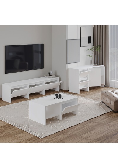 Laris Üçlü Set Tv Sehpası, Konsol Ve Orta Sehpa İle Modern Yaşam Alanları İçin Takım Beyaz Laris Üçlü Set Tv Sehpası, Konsol Ve Orta Sehpa İle Modern Yaşam Alanları İçin Takım Beyaz